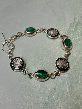 Vintage sterling silver and malachite green stone Aztec calendar disk bracelet